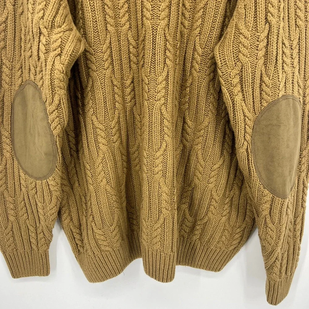Cabela's Mens 2XL Brown Cable Knit Toggle Fleece Lined Sweater Elbow Patches